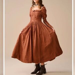 LINENNAIVE Nicola 33 Regency striped dress amber brown size large NWT